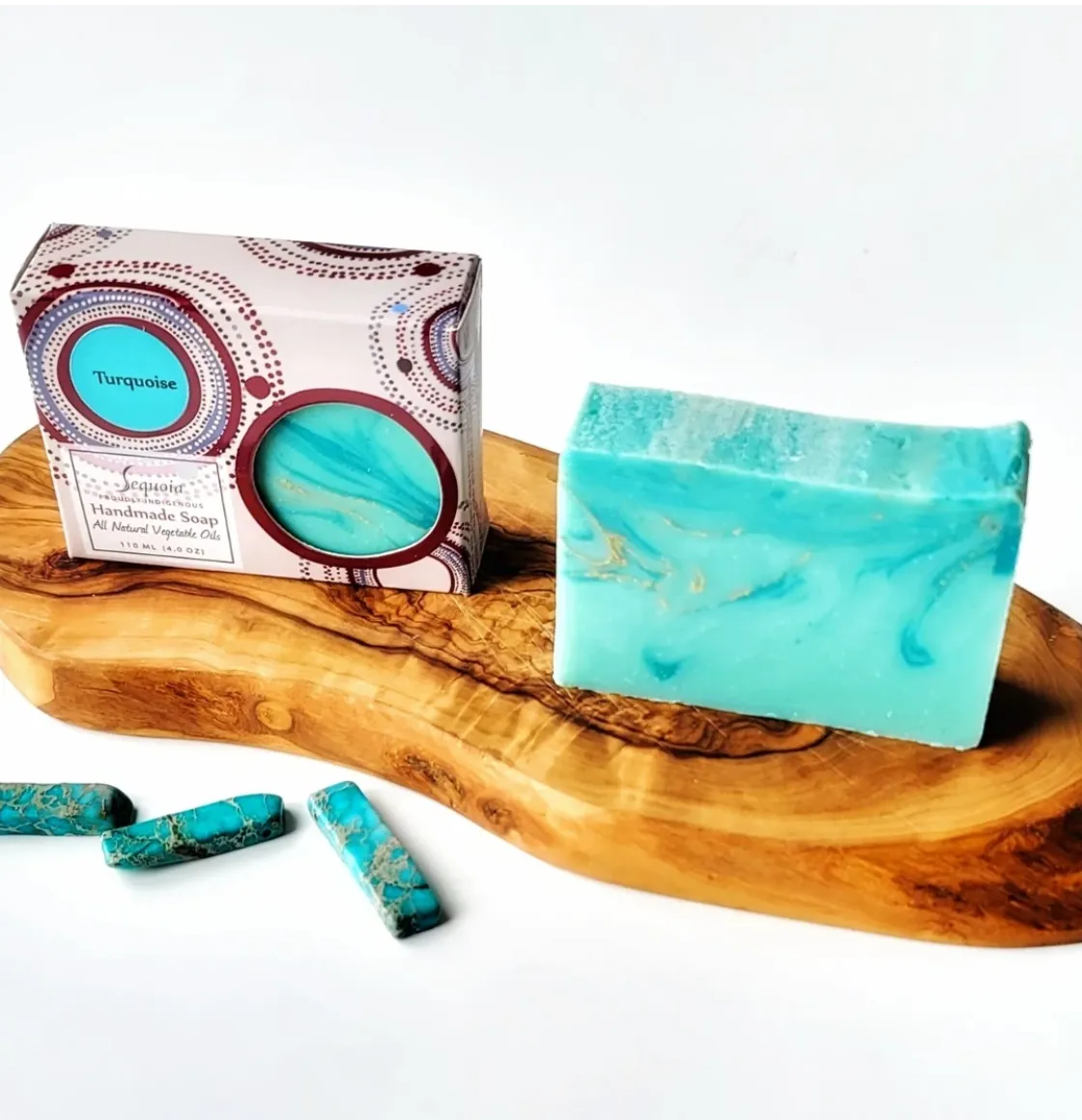 Sequoia Tuquoise handmade soap bar with natural oils, displayed with illustrated packaging and turquoise stones