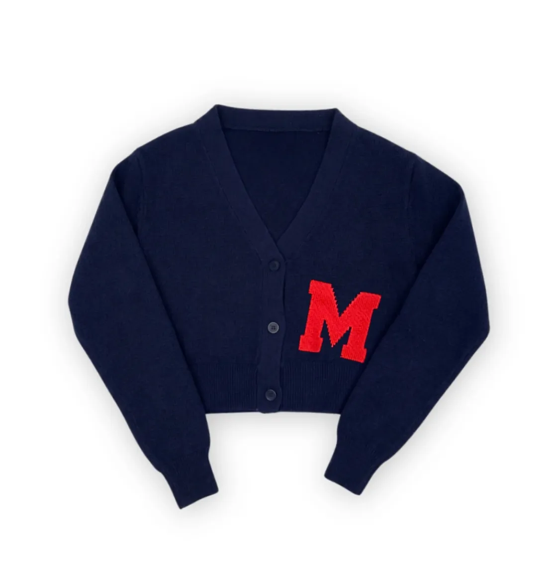Navy cropped McGill cardigan with V‑neck, button front, long sleeves, and large red knit varsity M