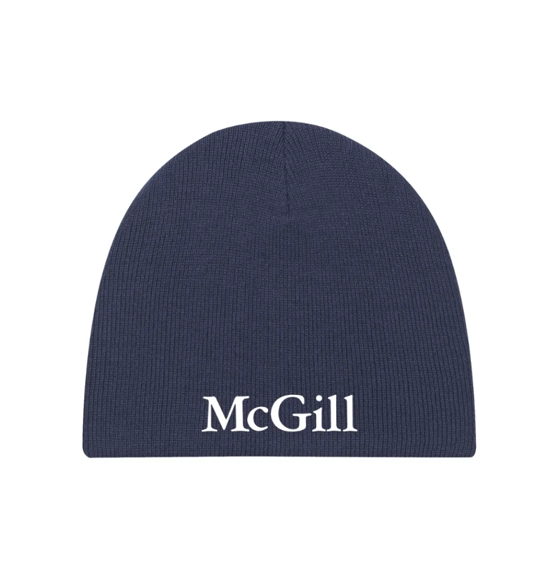 Navy McGill knit beanie with white embroidered McGill wordmark, ribbed construction, and cuffless design.