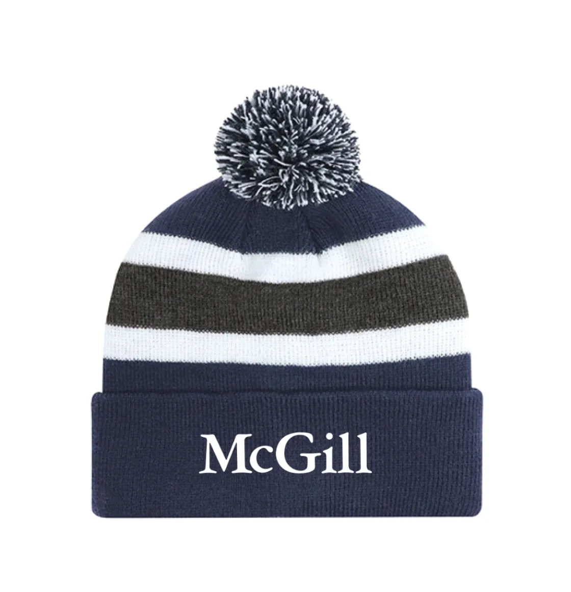 Navy McGill pom‑pom tuque with white and grey stripes, ribbed cuff, and embroidered McGill wordmark.
