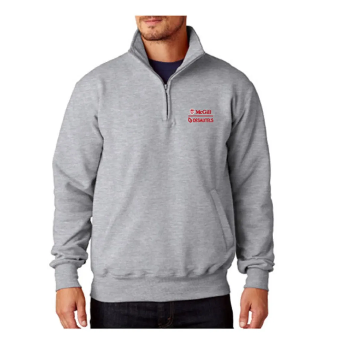 Heather grey McGill Desautels quarter‑zip pullover with stand collar, pockets, and embroidered logo on chest.