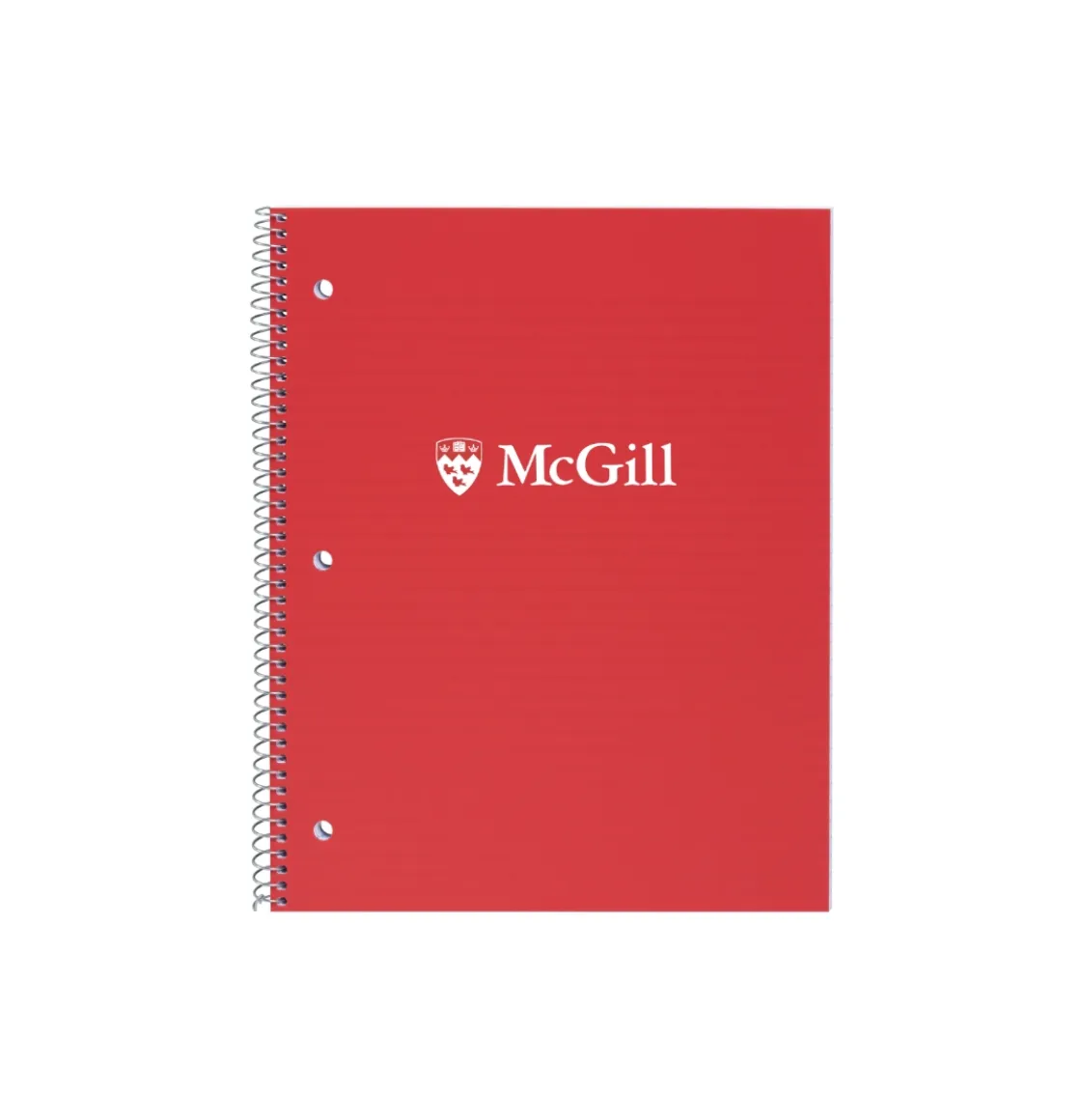 Red McGill spiral notebook with McGill crest and wordmark on front cover, three-hole punched.
