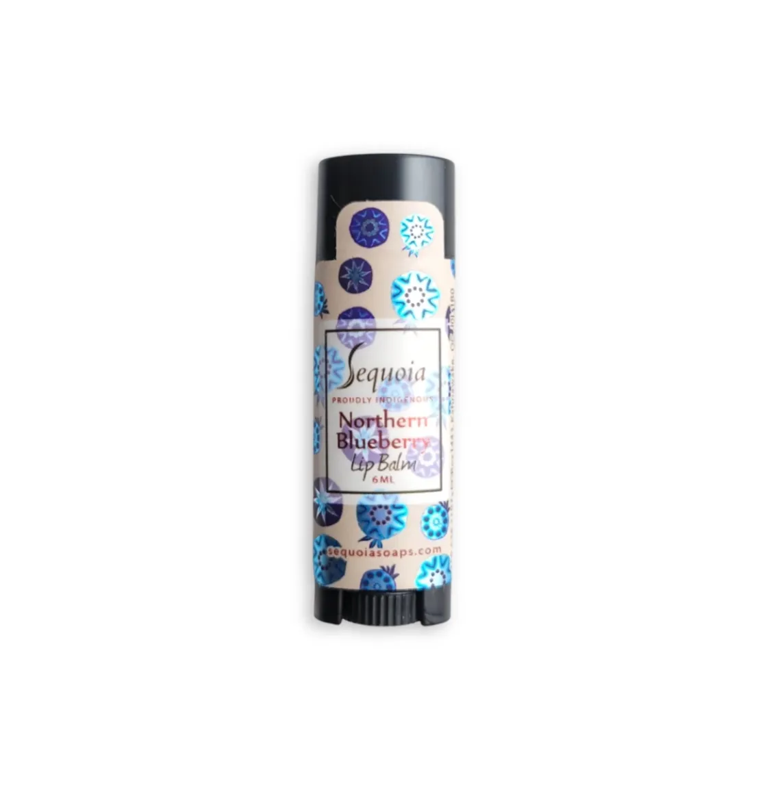 Sequoia Northern Blueberry lip balm in twist-up tube with blue berry-inspired pattern and botanical label.