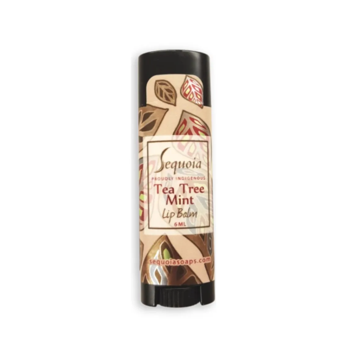 Sequoia Tea Tree Mint lip balm in twist-up tube with leaf-patterned label and botanical-inspired packaging.