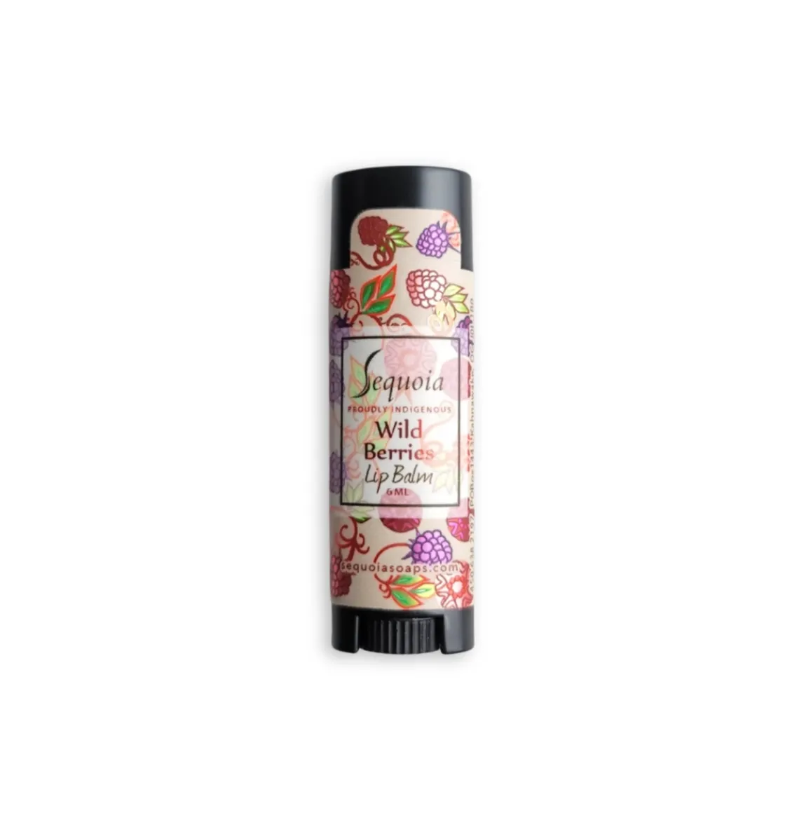 Sequoia Wild Berries lip balm in twist-up tube with berry-patterned label featuring raspberry and blackberry illustrations.