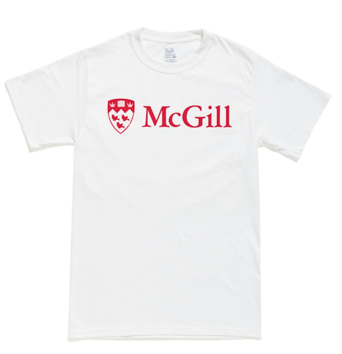 White McGill University short-sleeve t-shirt with white logo and 'McGill' text on the front.