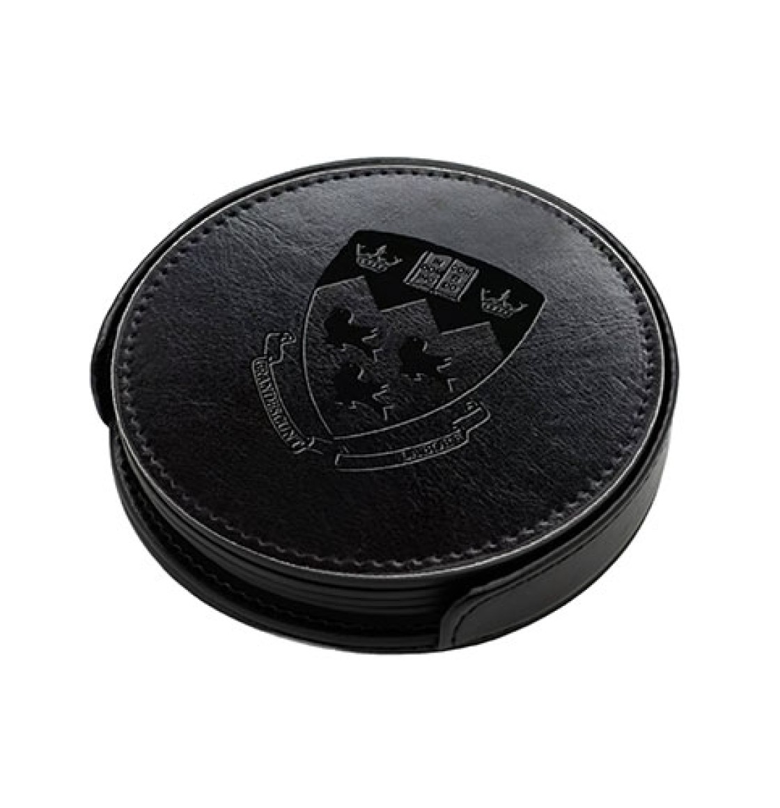 Set of 4 premium vegan leather drink coasters featuring a debossed McGill crest