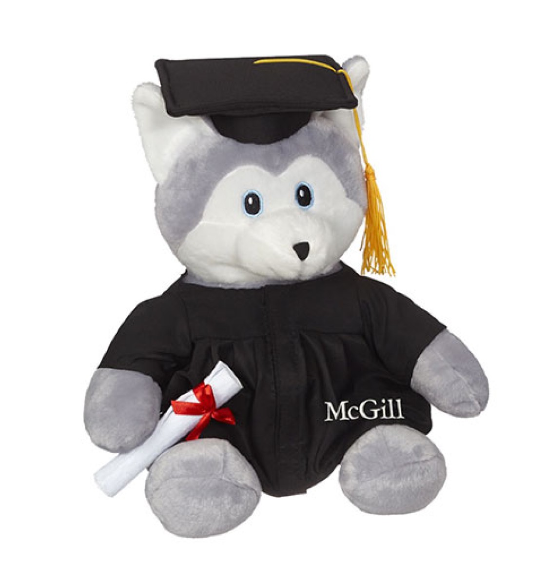 A 12" Husky Grad Plush carrying a diploma and wearing a grad cap and embroidered McGill gown.