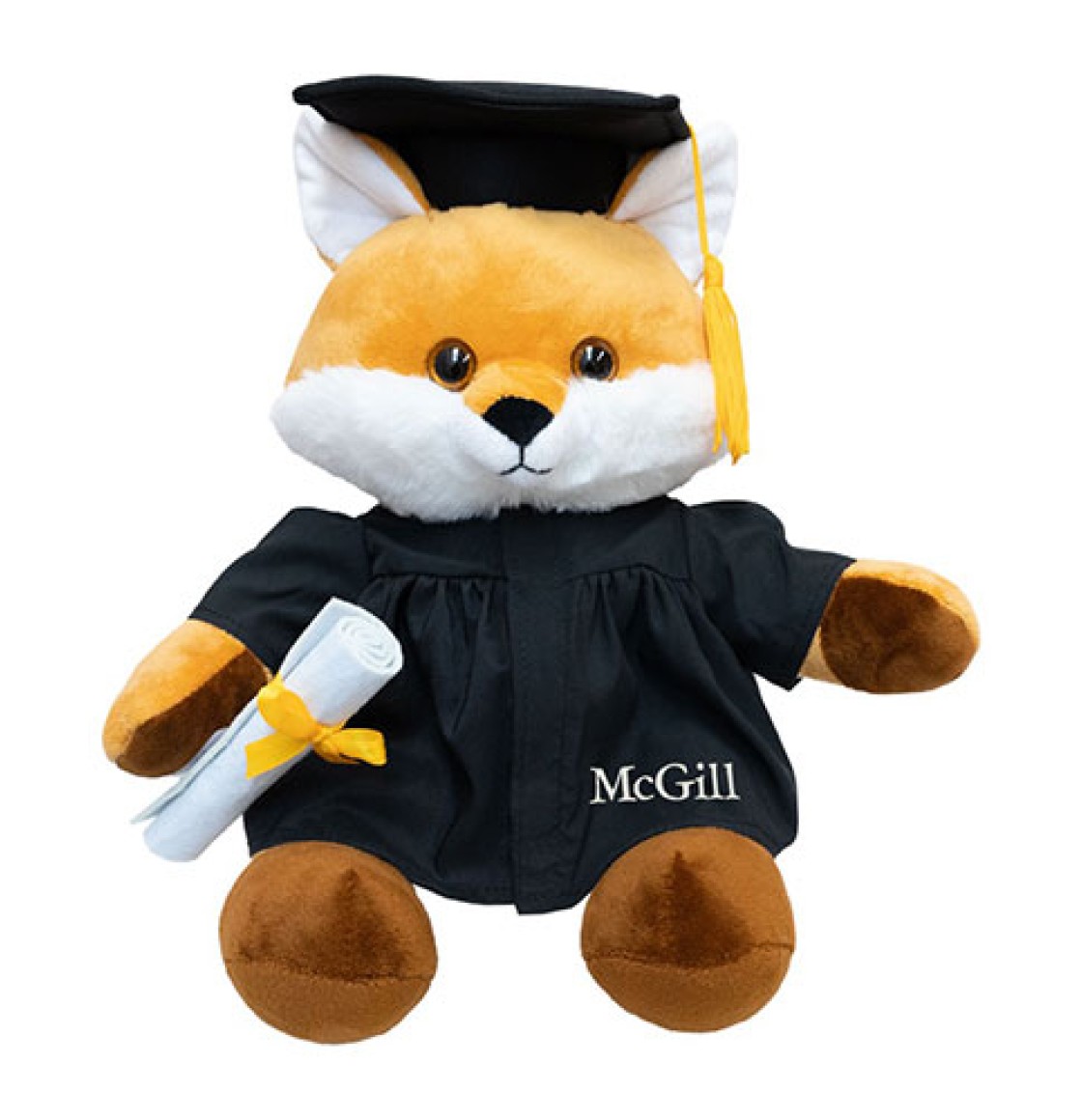 A 12" Fox Grad Plush carrying a diploma and wearing a grad cap and embroidered McGill gown.