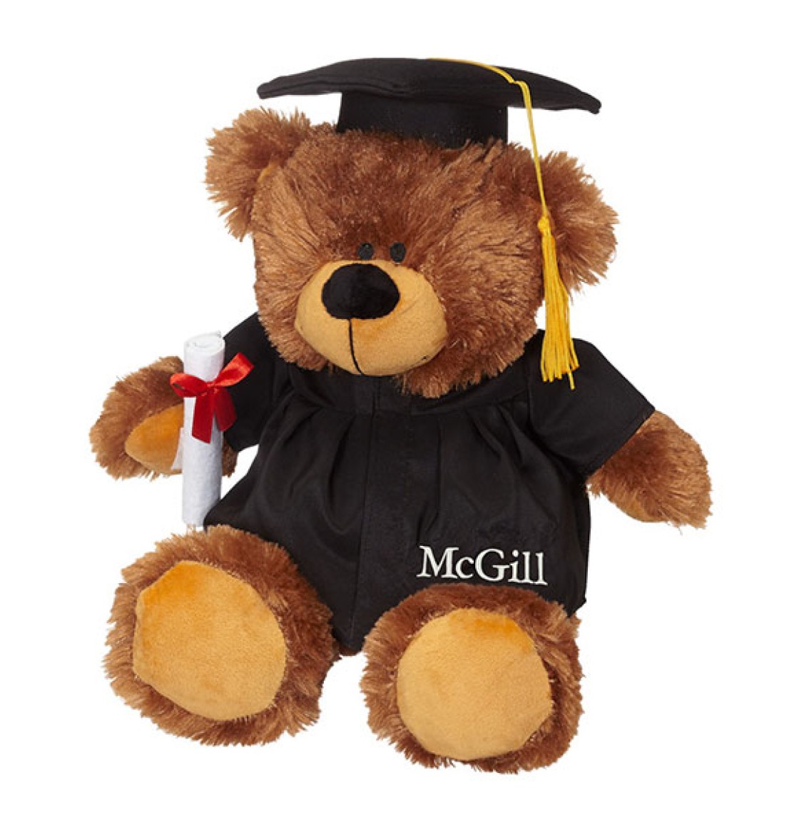 20" jumbo Grad Bear carrying a detachable diploma and dressed in a cap and gown featuring a golden tassel and “McGill” imprinted on the robe.