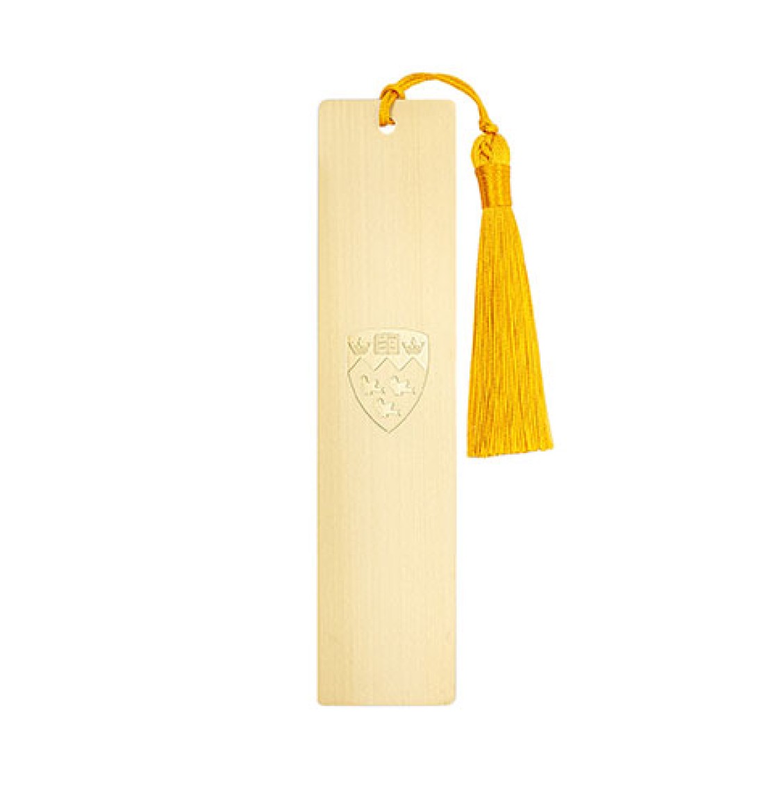 An elegant brushed gold bookmark etched with the iconic McGill crest and gold tassel.