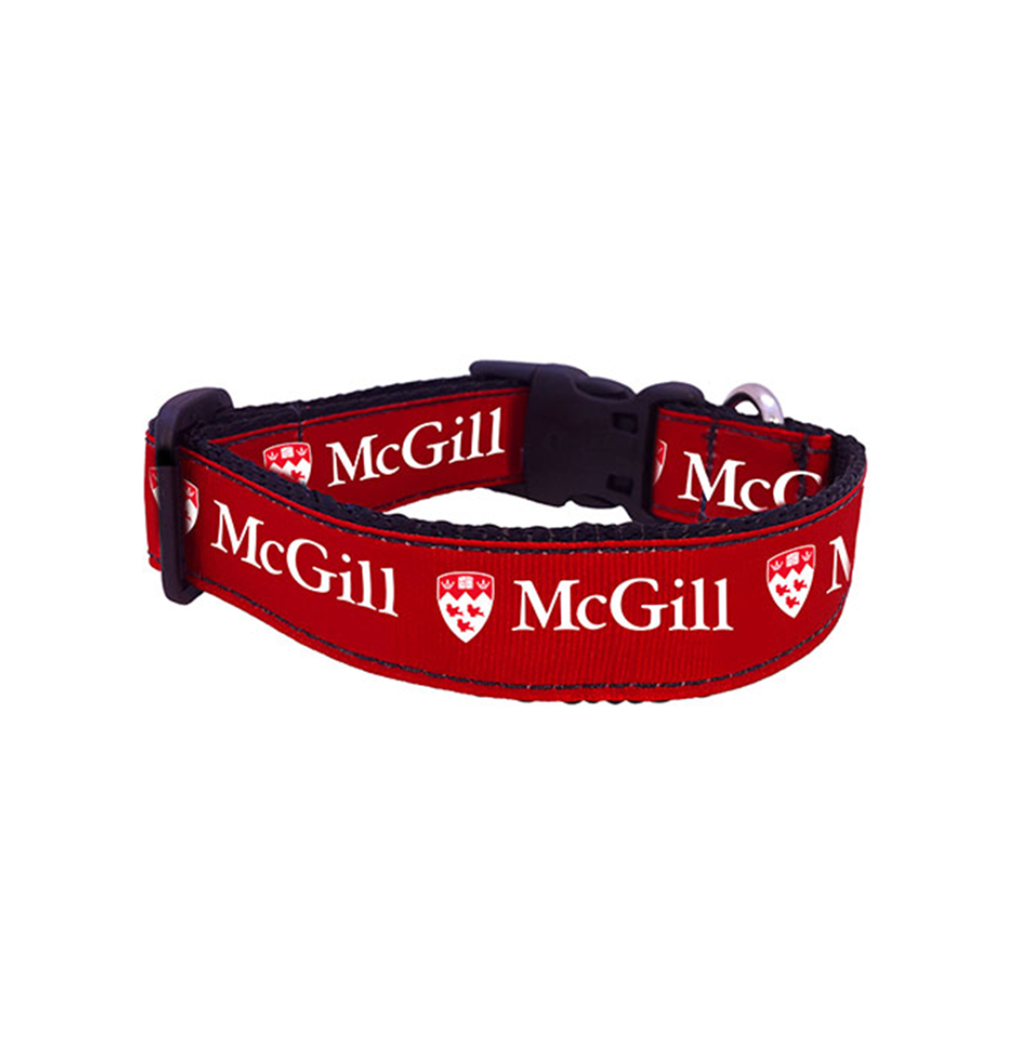 Adjustable nylon dog collar with red grosgrain ribbon printed with the McGill logo