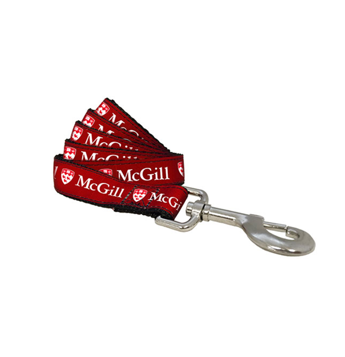 Nylon dog leash with red grosgrain ribbon printed with the McGill logo