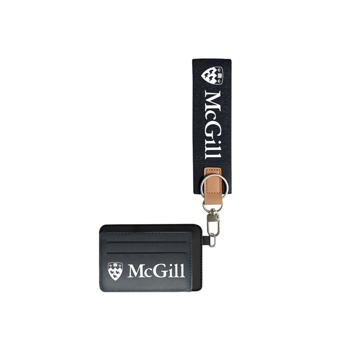 Black McGill wristlet wallet with white logo, card slots, and detachable navy strap with metal clip.
