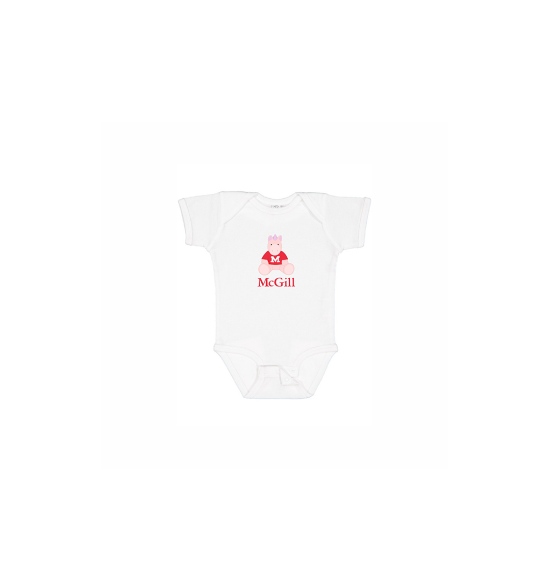 INFANT - Get them into the McGill state of mind early! This one-piece short sleeve bodysuit features lap shoulders and a 3-snap closure for those quick and easy outfit changes. Includes an adorable cartoon unicorn and the McGill wordmark.  An ideal gift for new parents.