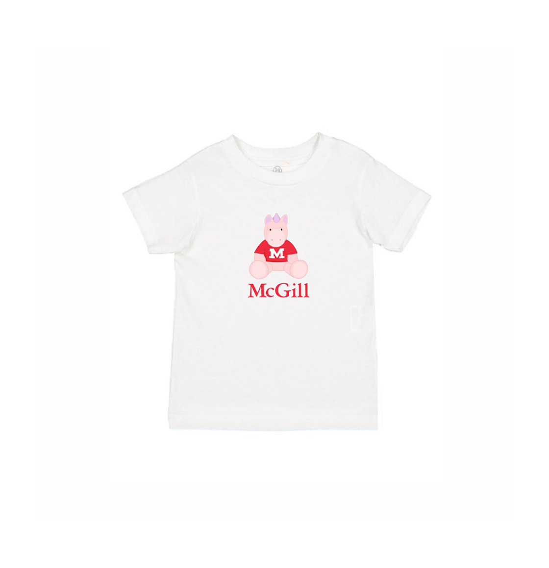 TODDLER – This cute crew neck t-shirt for toddlers has short sleeves and a ribbed collar. Worn layered or alone, is it soft yet durable. Includes an adorable cartoon unicorn and the McGill wordmark.  A cute gift idea for your favourite little one.