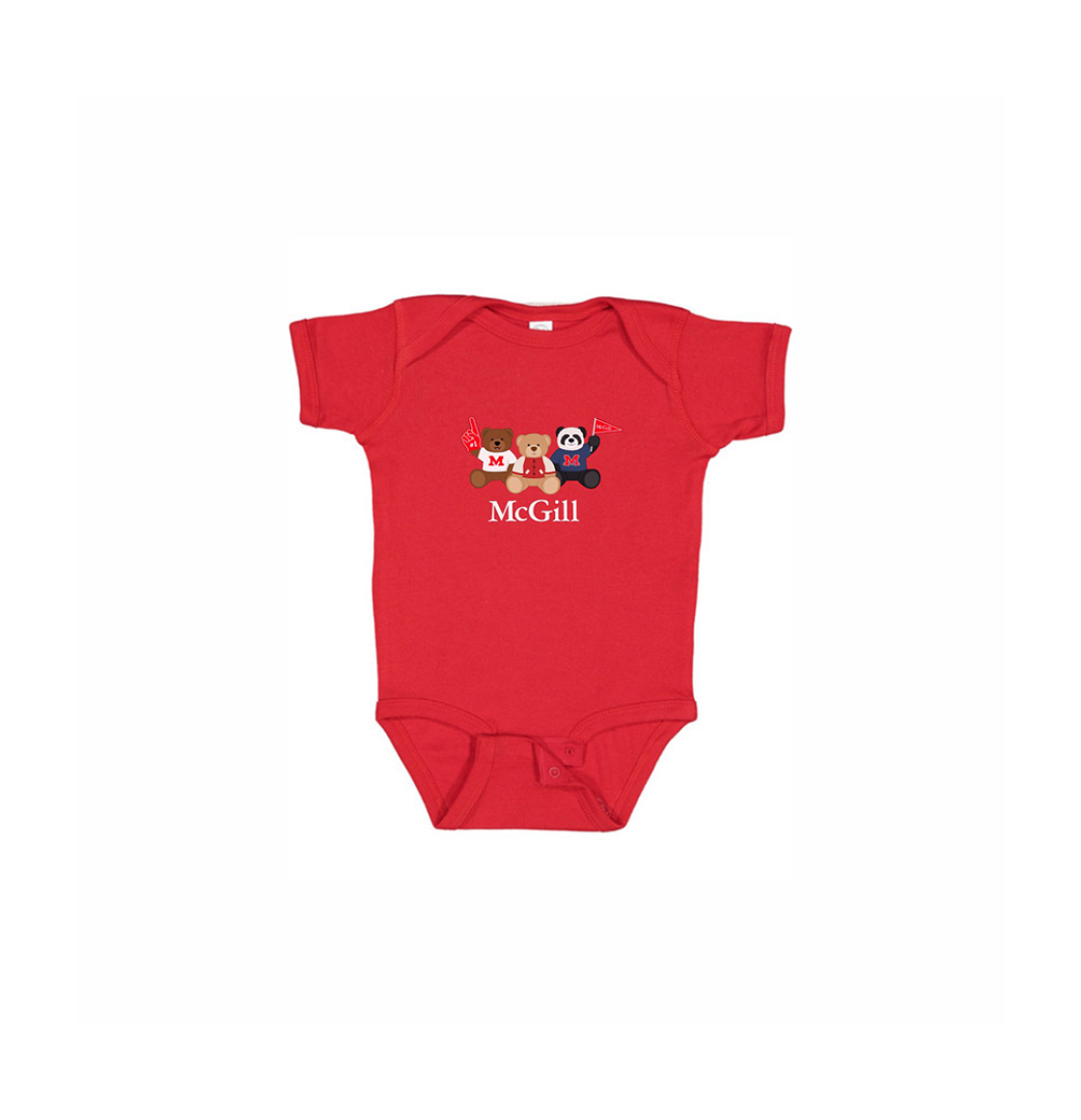 INFANT - Get them into the McGill state of mind early! This one-piece short sleeve bodysuit features lap shoulders and a 3-snap closure for those quick and easy outfit changes. Includes an adorable three bear design featuring the McGill wordmark.  An ideal gift for new parents.