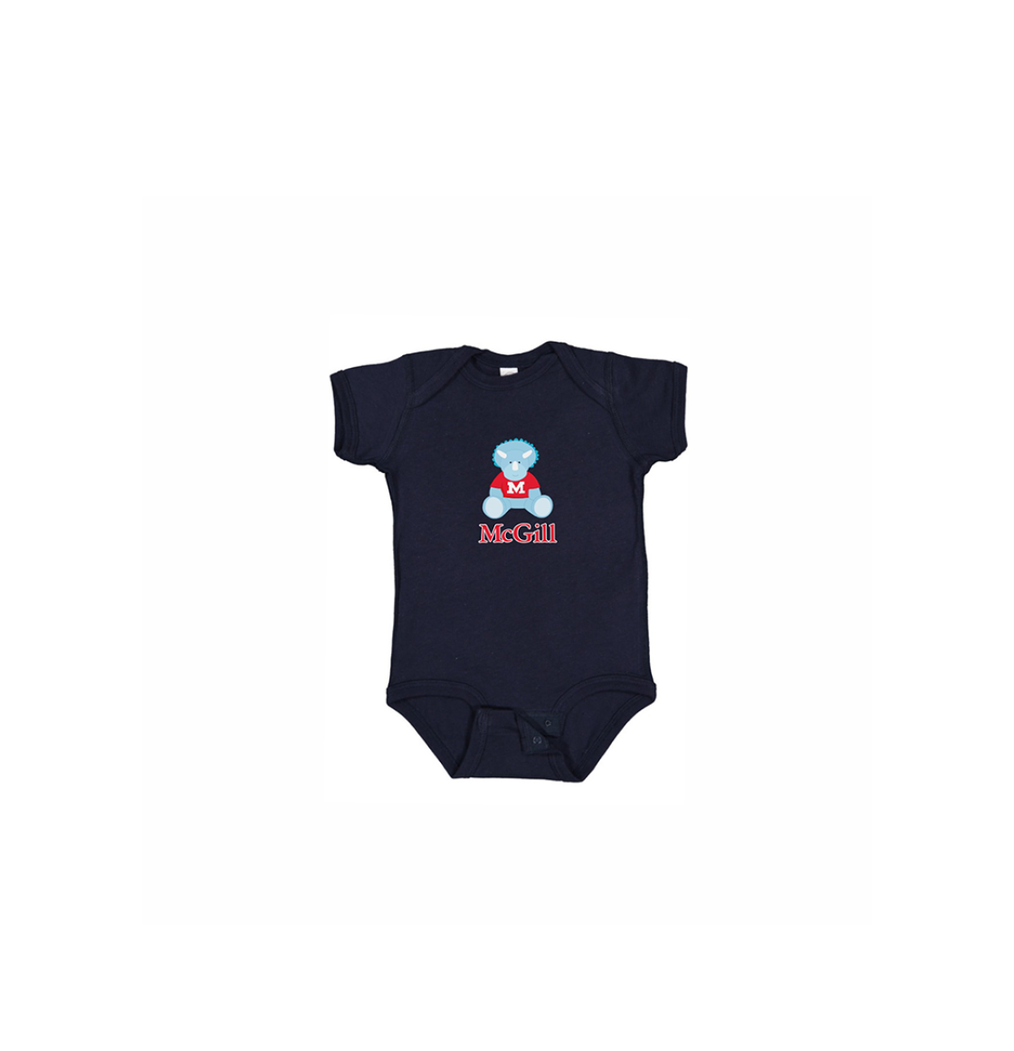 INFANT - Get them into the McGill state of mind early! This one-piece short sleeve bodysuit features lap shoulders and a 3-snap closure for those quick and easy outfit changes. Includes an adorable cartoon triceratops and the McGill wordmark.  An ideal gift for new parents.