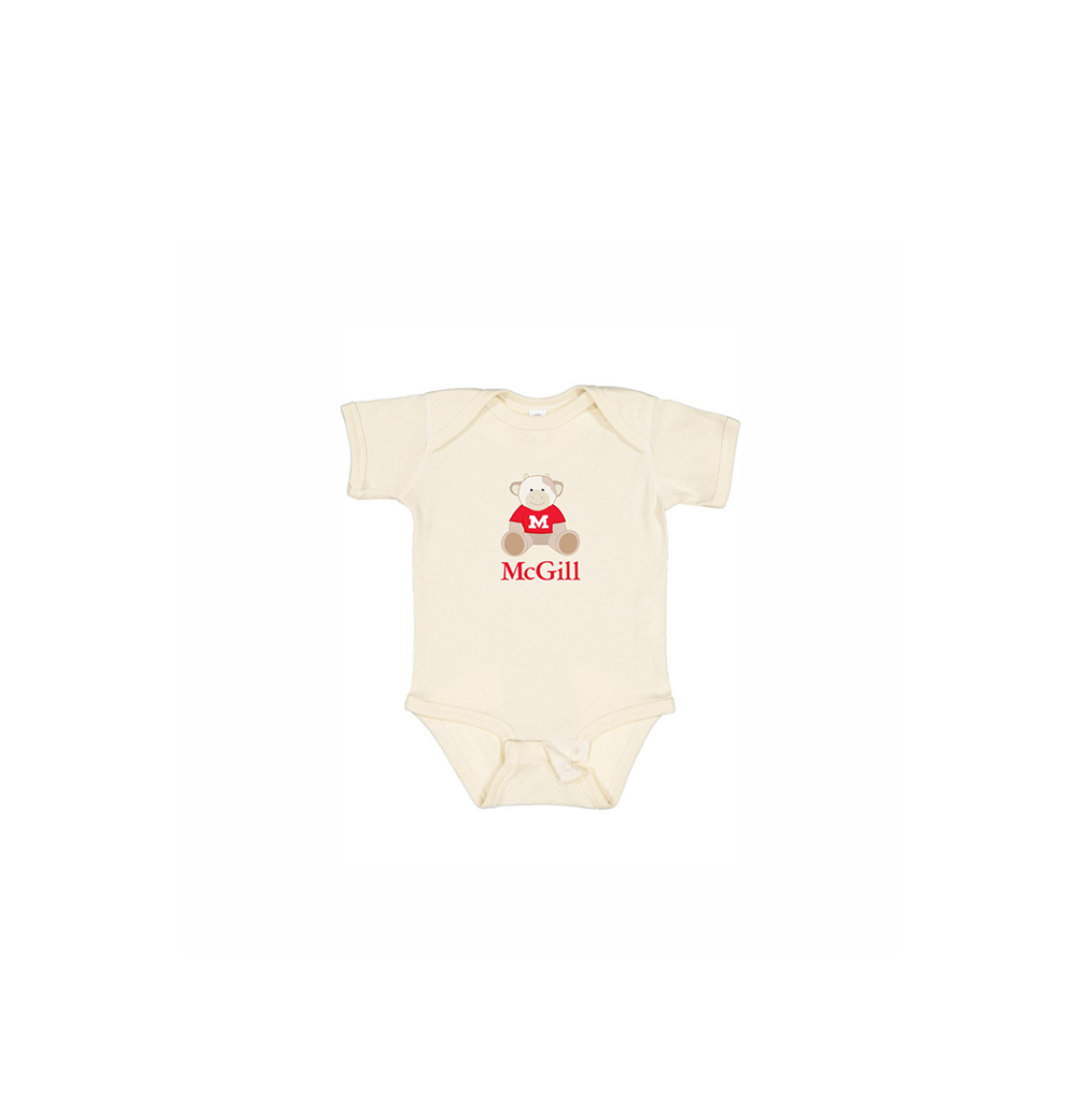 INFANT - Get them into the McGill state of mind early! This one-piece short sleeve bodysuit features lap shoulders and a 3-snap closure for those quick and easy outfit changes. Includes an adorable cartoon cow and the McGill wordmark.  An ideal gift for new parents.