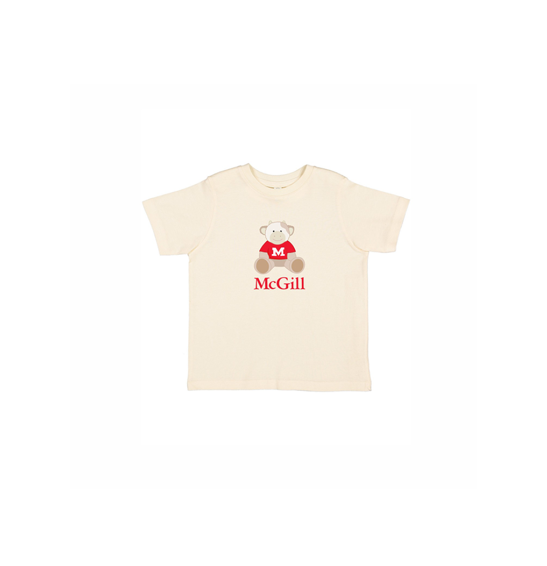 INFANT – This cute crew neck t-shirt for babies has short sleeves and a ribbed collar. Worn layered or alone, is it soft yet durable. Includes an adorable cartoon cow and the McGill wordmark.  An ideal gift for new parents.