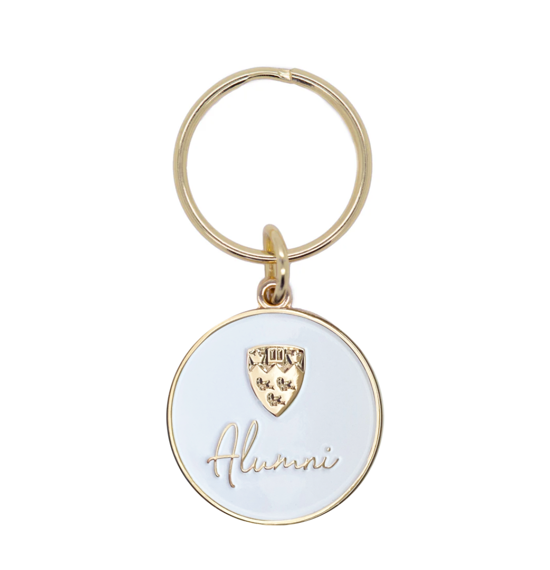 Gold plated brass keychain featuring a McGill crest and "Alumni" embossed in gold and finished with a white enamel fill.