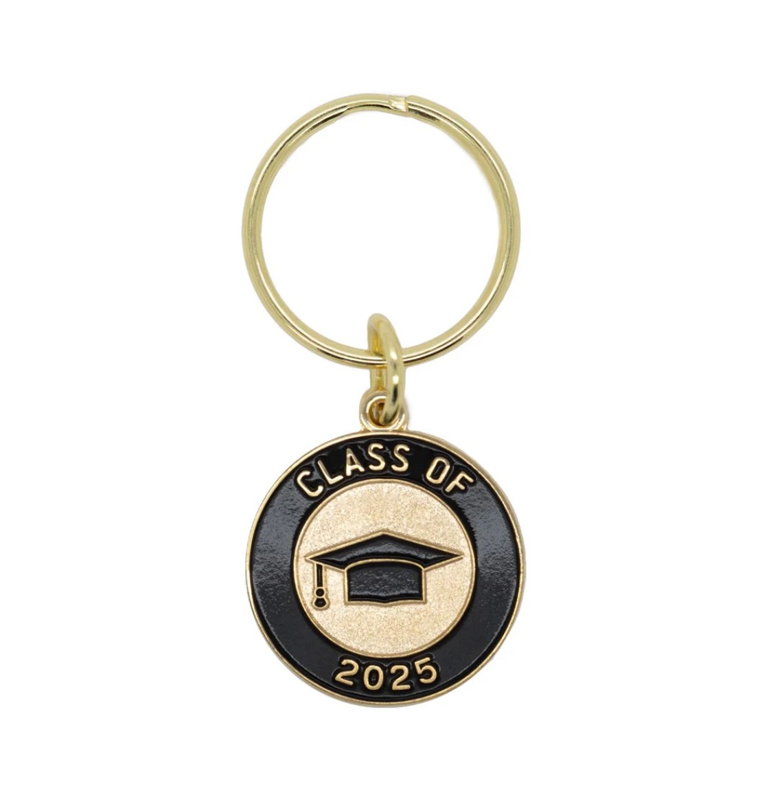 A shiny gold round medallion with contrasting black enamel detail. "Class of 2025" is featured in embossed lettering around the border, with a black enamel grad cap in the centre of the pin