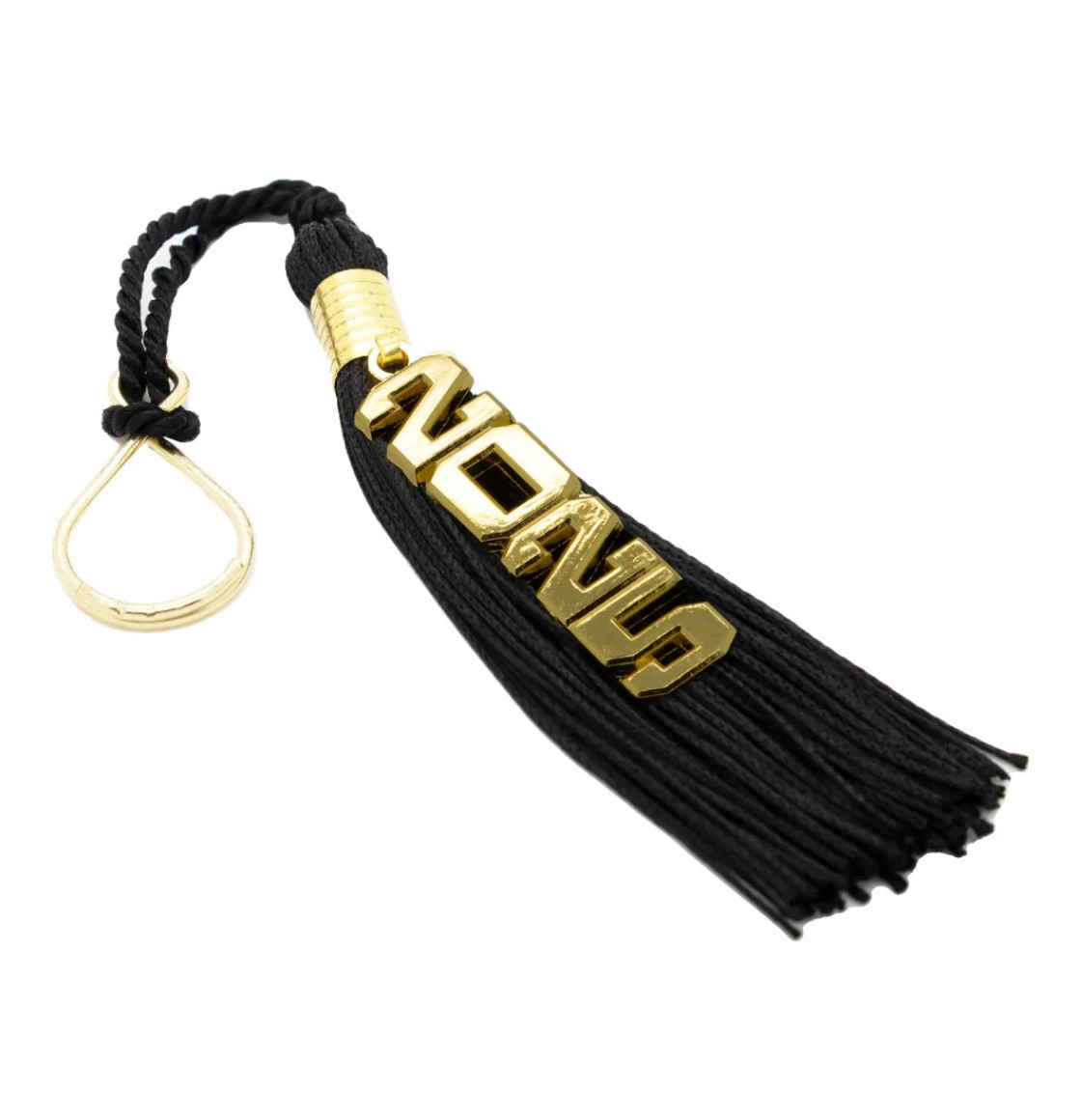 A plush black tassel with a cutout 14k gold plated "2025" charm and keyring.