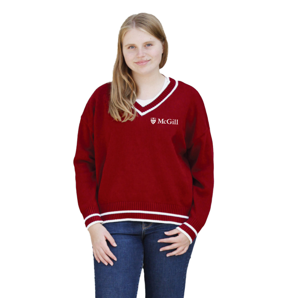 Our McGill V-neck Sweater is the perfect cozy knit for everyday wear. With a roomy fit, drop shoulder and contrasting varsity stripes, this sweater has an updated varsity feel. Features the McGill logo embroidered on the left chest