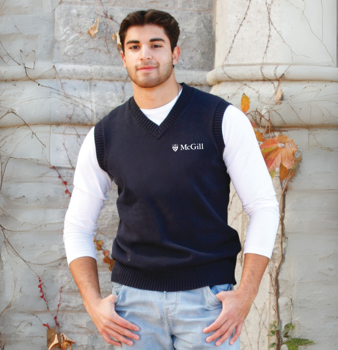 This V-neck sweater vest feels vintage ivy league in the best way. Stylish and comfortable, this is the perfect layering piece for cooler weather. The rib knit at the neckline, armhole, and bottom opening, ensures a snug fit. Features the McGill logo embroidered on the left chest.