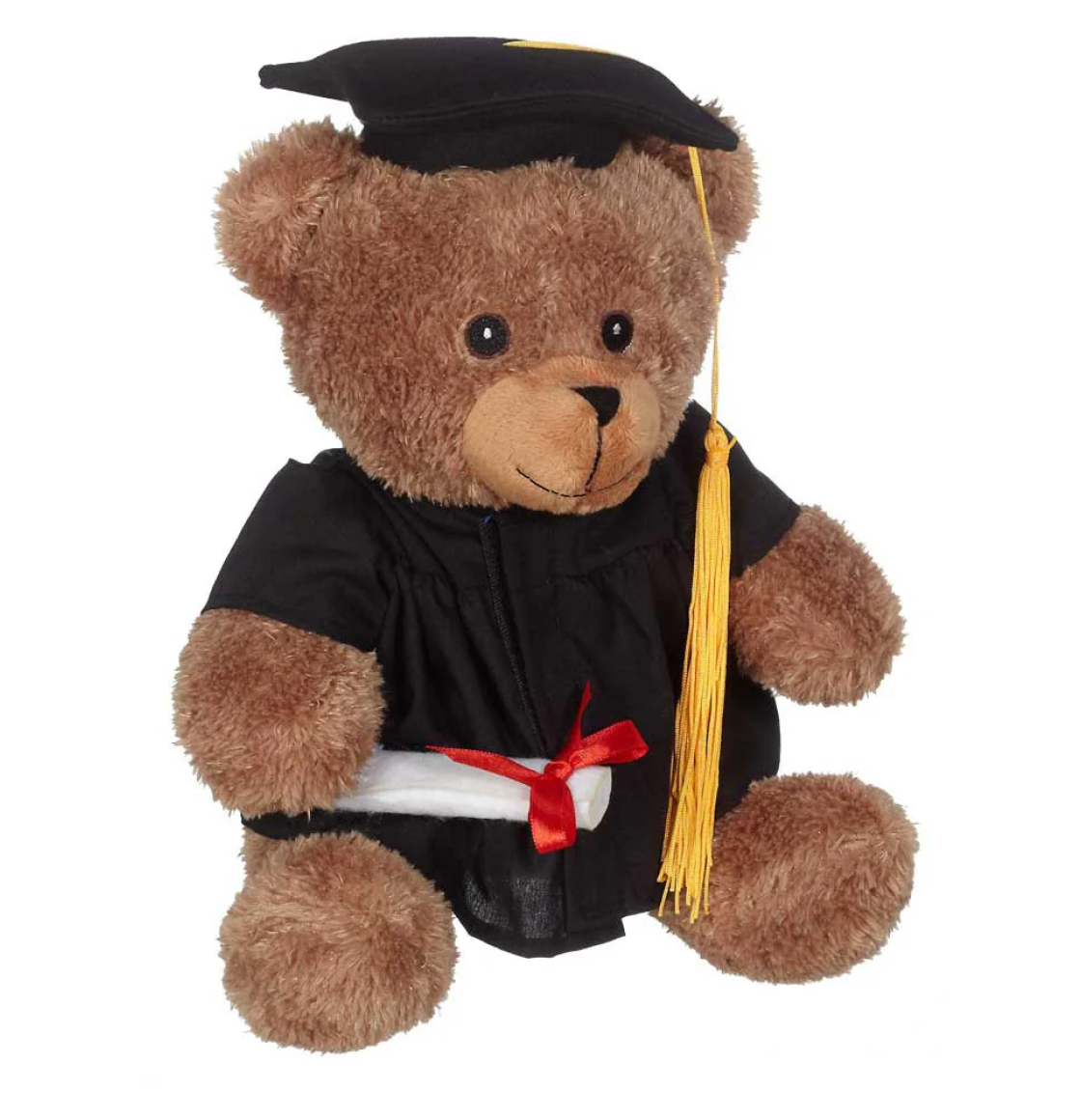 9" Grad Bear carrying a detachable diploma and dressed in a cap and gown featuring a golden tassel and “McGill” imprinted on the robe.