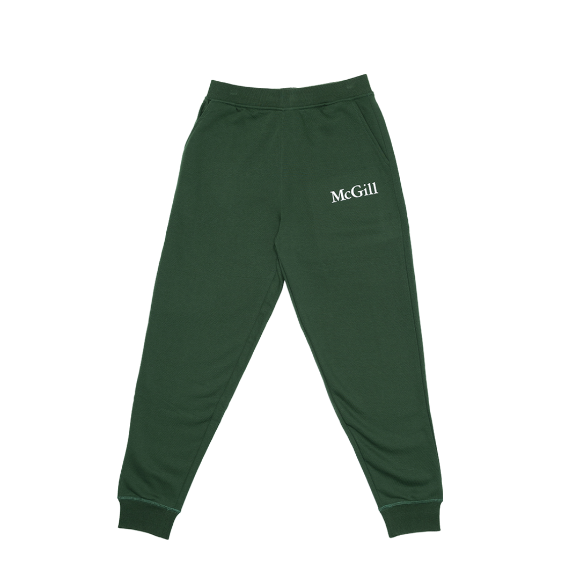 UNISEX - Comfortable and relaxed, these fleece joggers offer a tapered fit that's roomy through the thighs and hips and gradually narrowing towards the ankles for a modern, athletic silhouette. With side pockets and ribbed cuffs and waistband, they feature the McGill wordmark done in a white rubber print on the left hip
