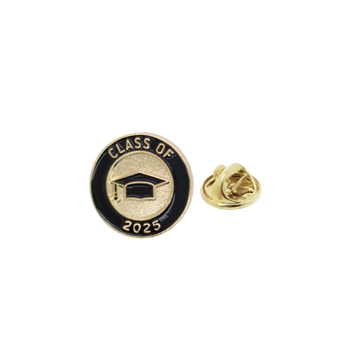 a shiny gold round pin with contrasting black enamel detail. "Class of 2025" is featured in embossed lettering around the border, with a black enamel grad cap in the centre of the pin