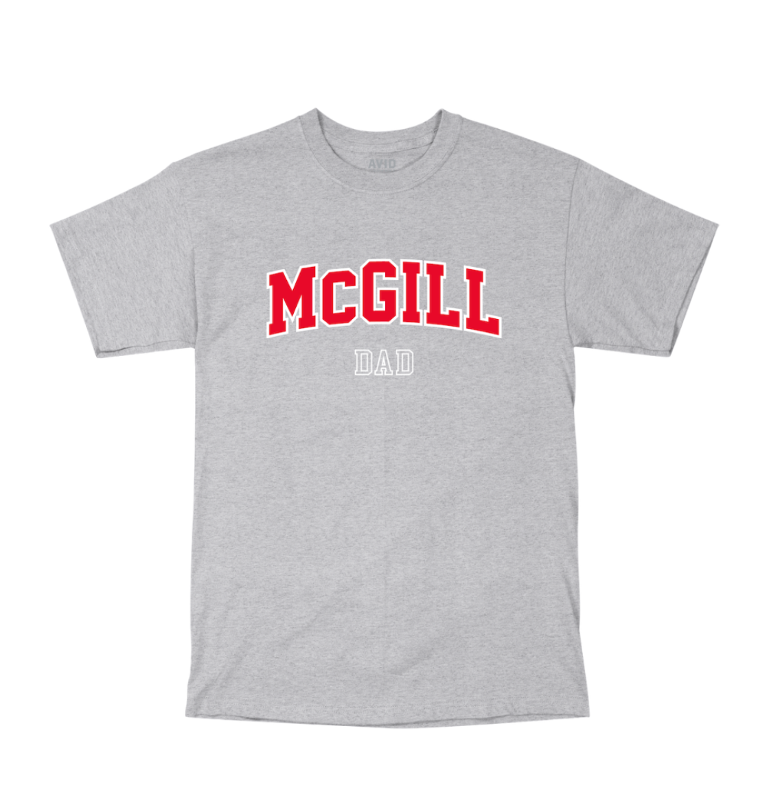 A grey short-sleeve T-shirt with "MCGILL DAD" printed on the front. "MCGILL" is in large, bold, red capital letters with a slight arch, and "DAD" is in smaller white letters below. 