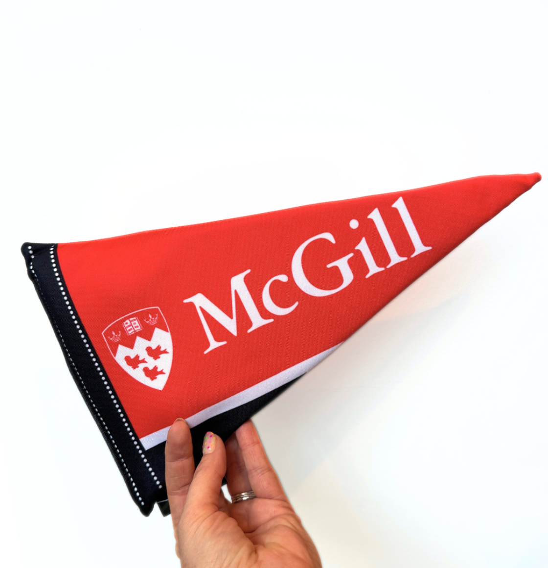 We know that all good boys cheer for McGill! This McGill pennant dog toy features a foam insert and not one but two squeakers to keep your pup busy while you are at class