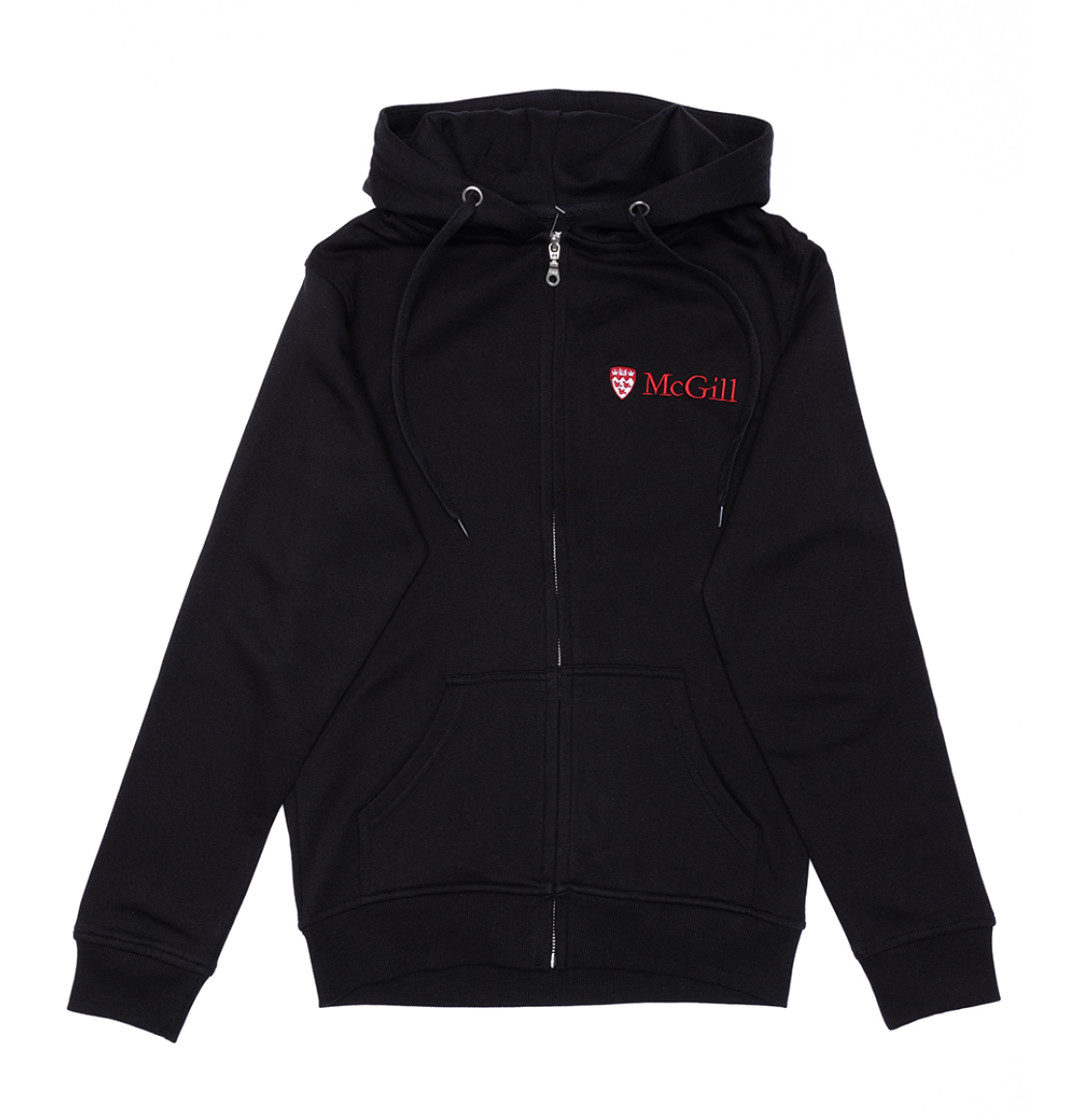A black hoodie made from an innovative ultra-smooth fleece featuring a double lined hood with drawstring and classic kangaroo front pocket. Includes a two-toned McGill logo embroidered on the left chest, full length zipper, and rib knit cuffs and waistband. 