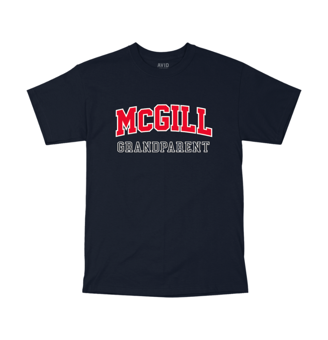 A navy short-sleeve T-shirt with "MCGILL GRANDPARENT" printed on the front. "MCGILL" is in large, bold, red capital letters with a slight arch, and "GRANDPARENT" is in smaller white letters below. 