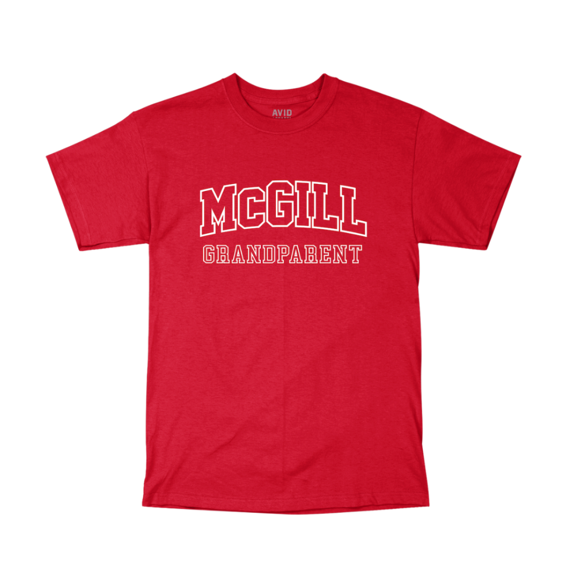 A red short-sleeve T-shirt with "MCGILL GRANDPARENT" printed on the front. "MCGILL" is in large, bold, white capital letters with a slight arch, and "GRANDPARENT" is in smaller white letters below. 