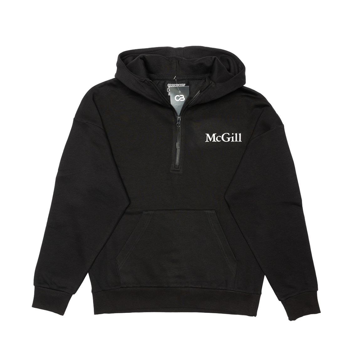 Half zip black hoodie with exposed half zip and drop shoulder, with a white rubber printed McGill logo on the left chest. Featuring a kangaroo front pocket and rib knit cuffs and waistband