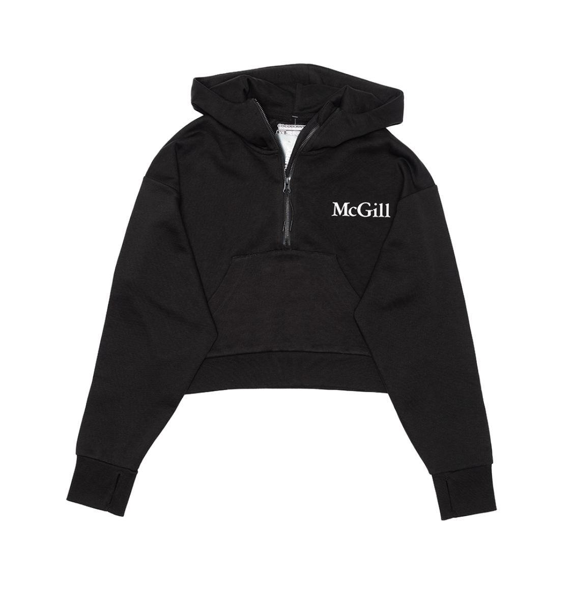 A black cropped hoodie with exposed half zip and drop shoulder and rubber printed McGill logo on the left chest. Featuring a kangaroo front pocket and rib knit cuffs and waistband