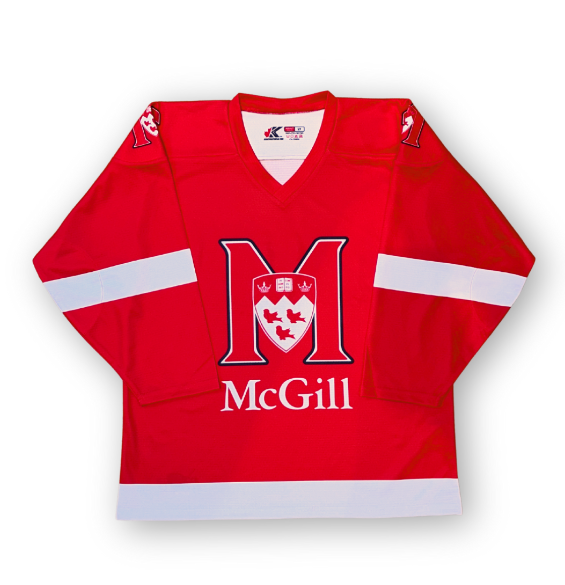 UNISEX – Feel like you are part of the team in this McGill Athletics Hockey Jersey. This lightweight jersey has double reinforced shoulders and elbows, and two needle cover stitched seams. Done in the authentic team colours and striping, it features the McGill Athletics logo printed on the front and both shoulders.