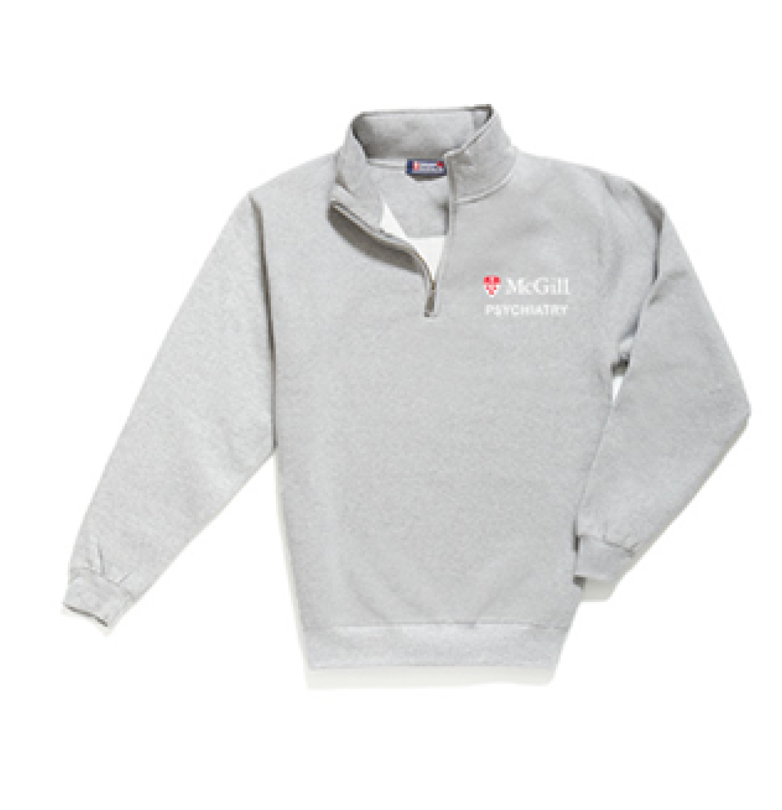 his cozy 1/4 zip is pill-resistant and features rib cuffs, a rib waistband, and is embroidered with McGill Psychiatry on the left chest.