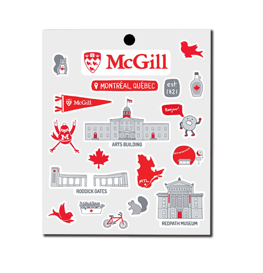 A sheet of stickers featuring iconic McGill and Montreal places and things