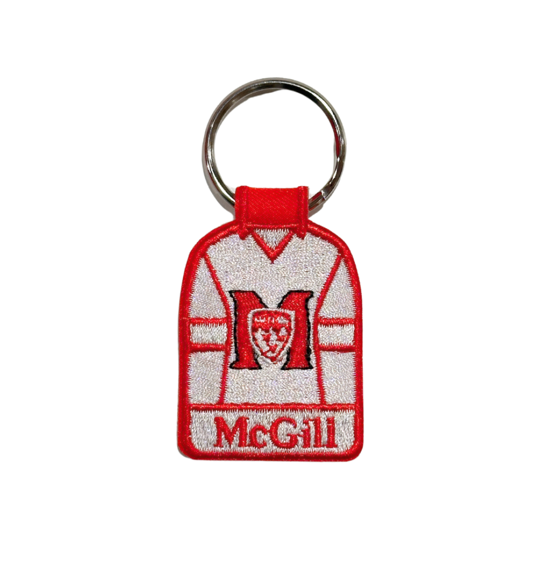 his unique keychain features a miniature embroidered McGill Athletics hockey jersey. Keep your keys together and support your team