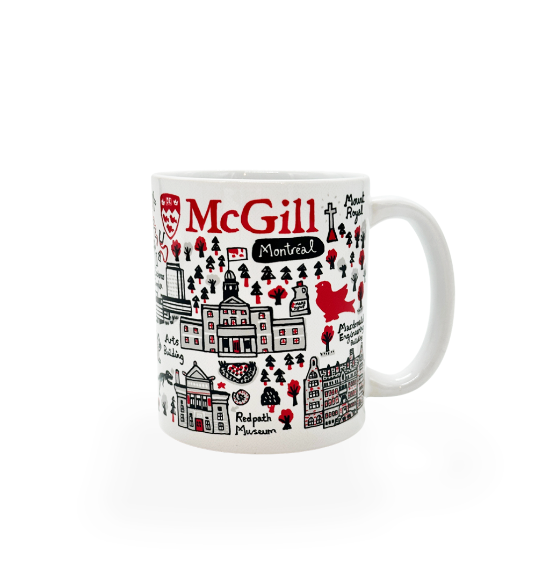 Sip your morning cup of coffee in our McGill by Julia Gash mug featuring a wrap-around print that depicts iconic McGill landmarks.
