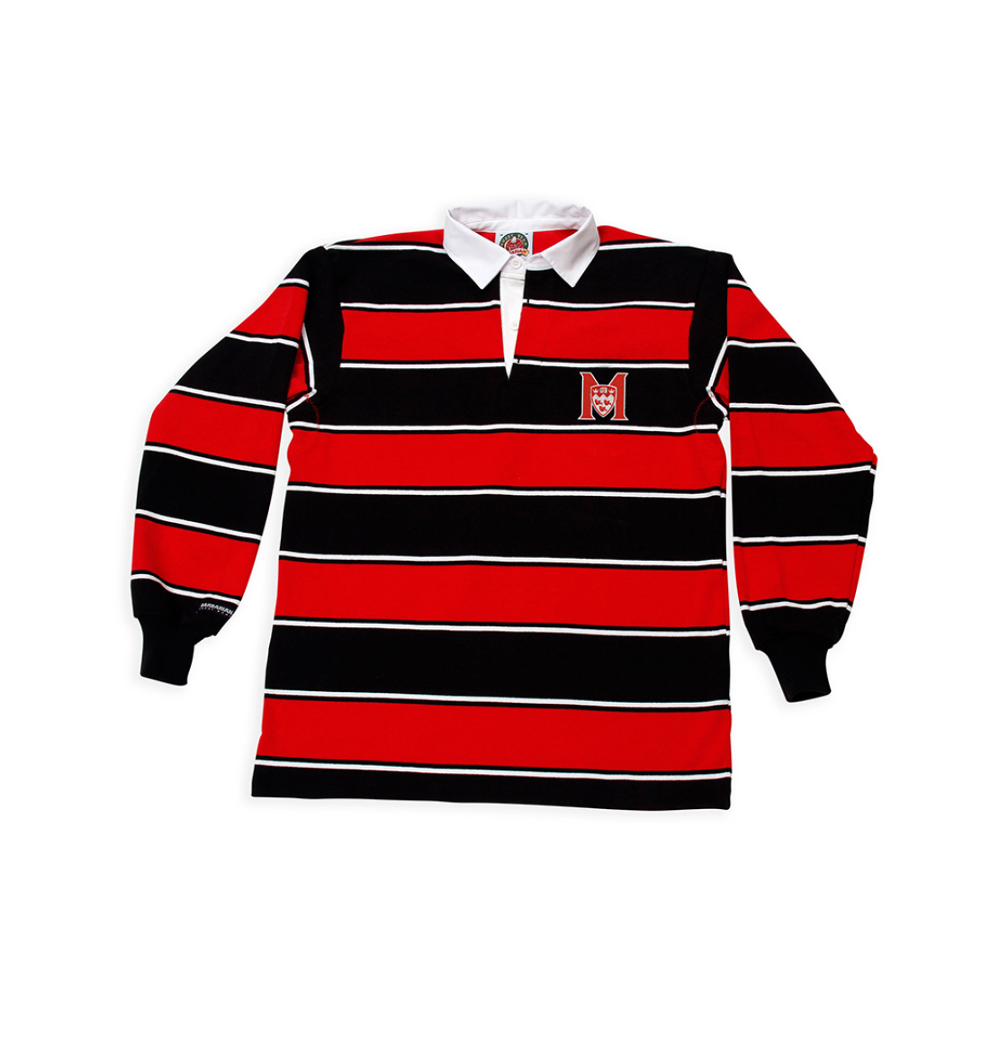 >UNISEX - Characterized by a bold tri-colour horizontal stripe pattern, these shirts are sewn from 12 oz knit cotton and made to authentic game-day specifications. Embroidered with the McGill Athletics logo on the left chest, they feature a traditional white collar and placket as well as stretch cuffs. Made in Canada