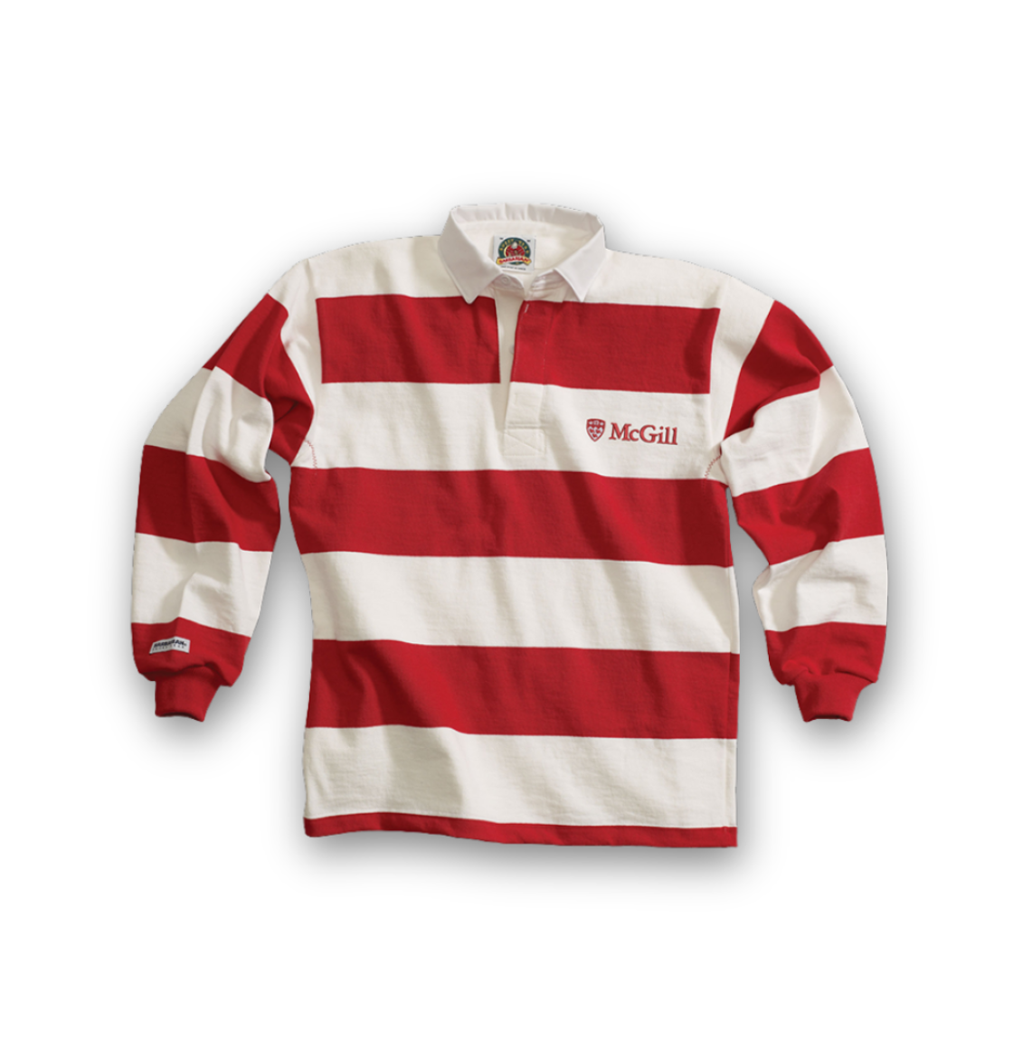 McGill University rugby shirt with red and white horizontal stripes, embroidered crest logo, and collared neckline – official collegiate apparel.
