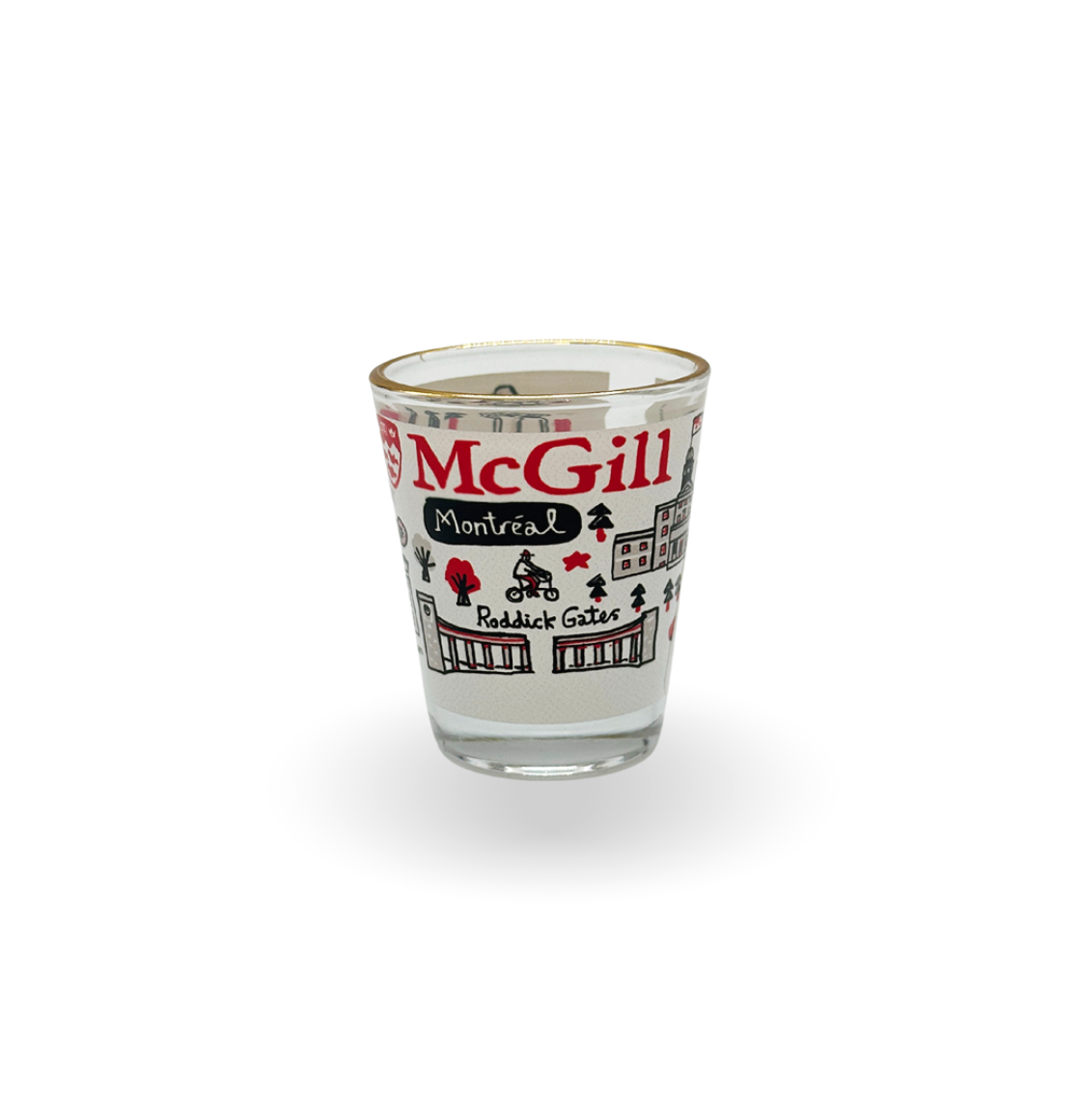 Raise a glass to McGill! This shot glass features an illustration of the McGill campus created by artist Julia Gash. The illustration depicts iconic McGill landmarks.