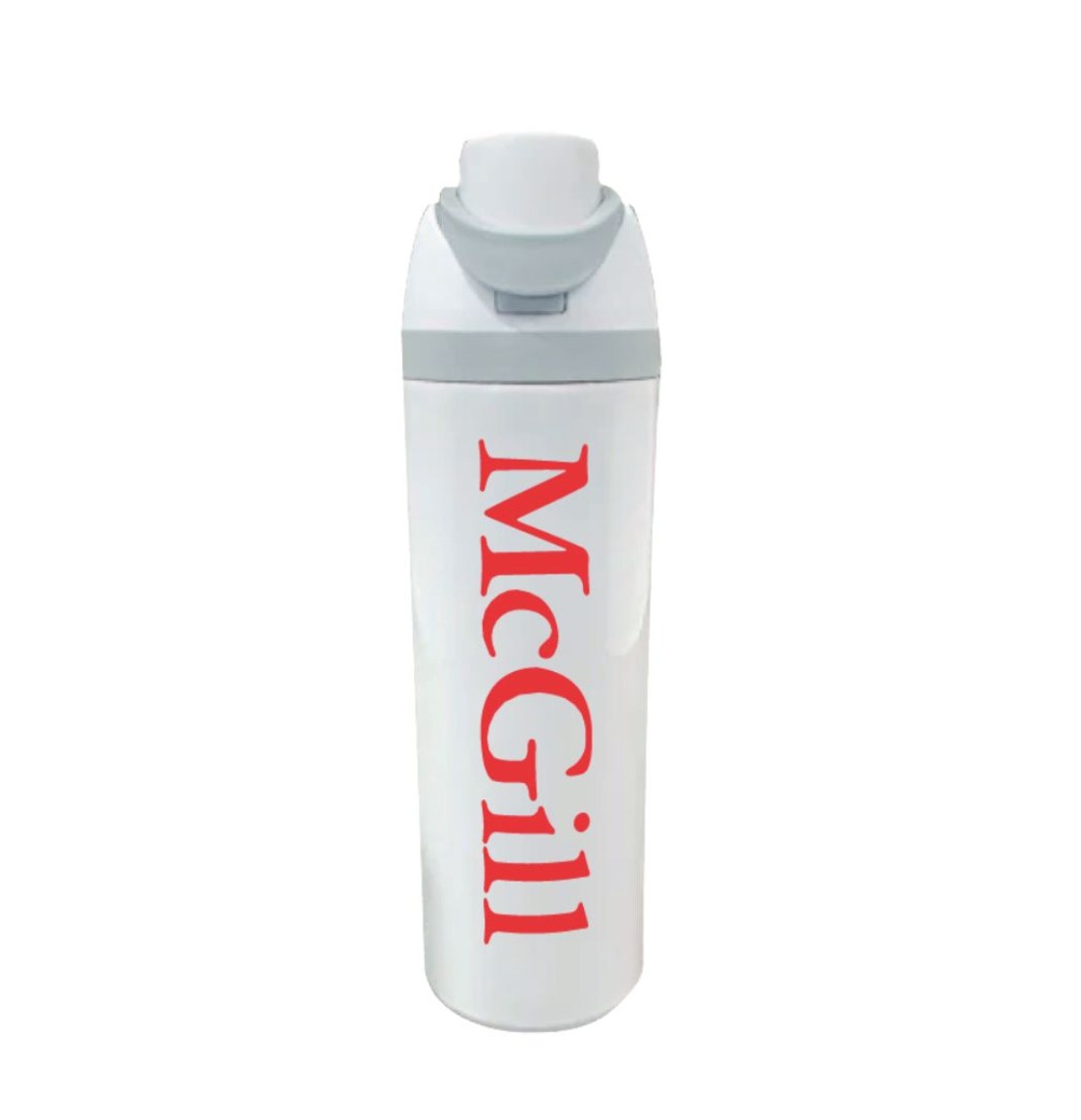 White reusable water bottle with a gray flip-top lid and red vertical text reading “McGill” along the side.