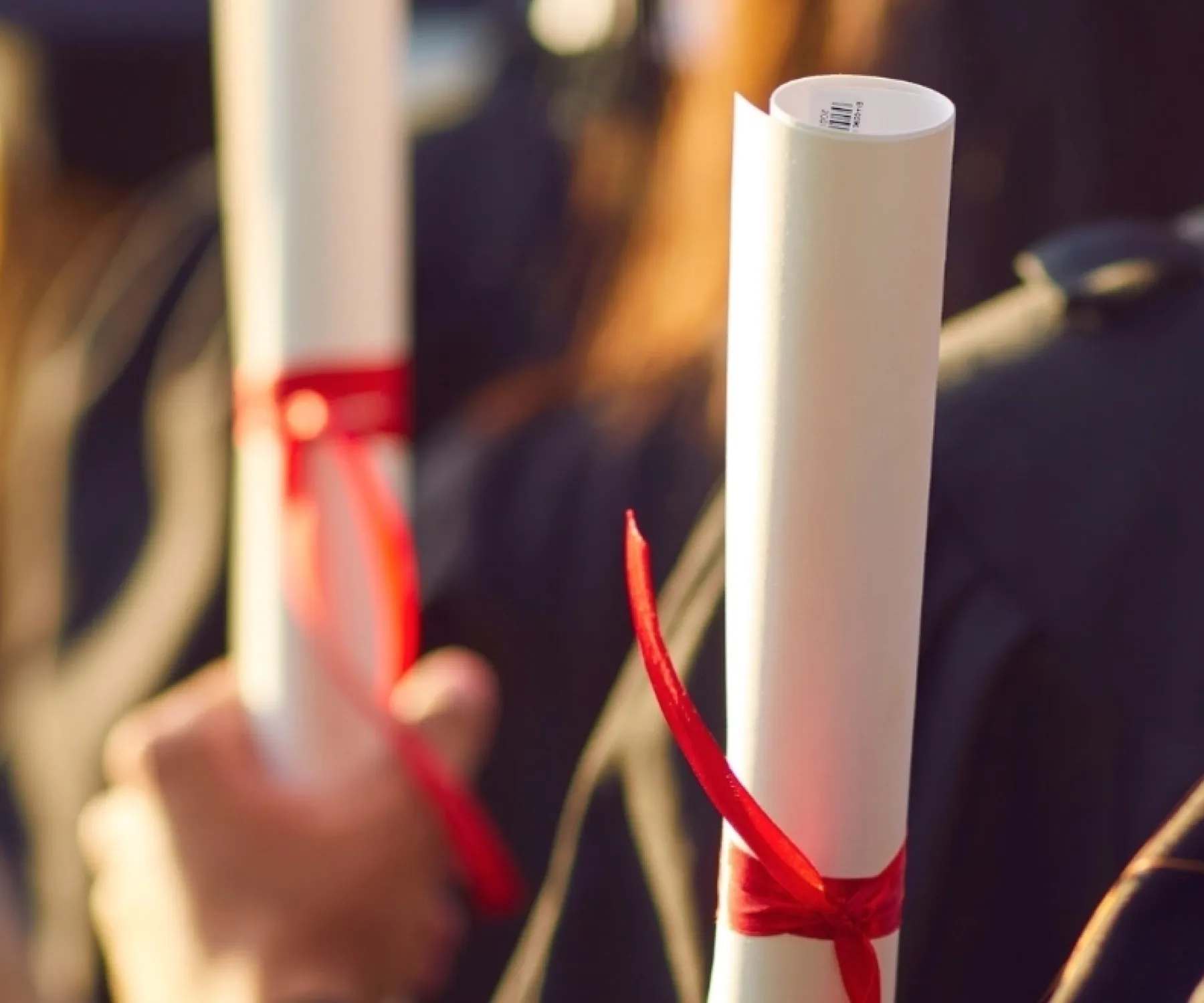 Graduates in caps and gowns holding rolled diplomas tied with red ribbons during convocation ceremony.